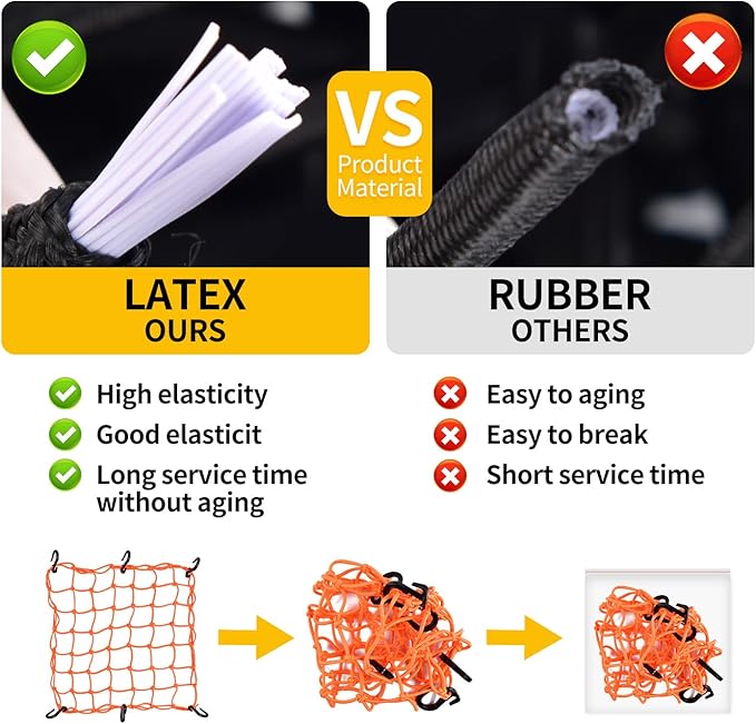 Small Cargo Net 15"x15" Stretches to 30"x30" with Thicken Hooks | Natural Latex Core, Tight 2”x2” Mesh Heavy Duty Bungee Net for Motorcycle Helmet, Bike, ATV, UTV, Luggage