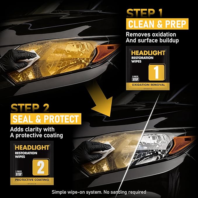 2-Step Headlight Restoration Wipes–No Sanding Car Headlight Restoration Kit with Oxidation Remover&Ceramic Coating,UV Protection,Restore Clear Polycarbonate Lenses(1 Pack)