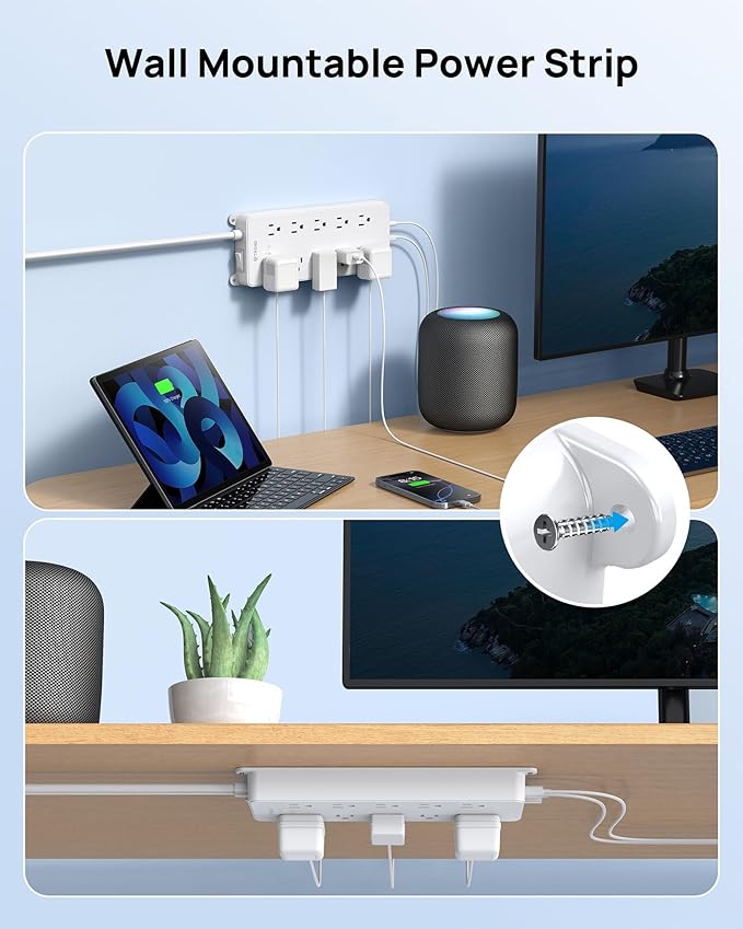 TROND 360° Rotating Plug Power Strip 10ft, Surge Protector with 2 USB A and 2 USB C, 10 Widely Spaced Outlets, 4000J, ETL Listed, Wall Mountable, for Home Office Entertainment, White