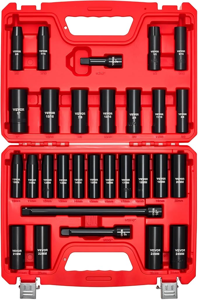 VEVOR 1/2" Drive Impact Socket Set, 29-Piece Deep Sockets Standard SAE (3/8 to 1 inch) and Metric (10 to 24 mm) Size, 6 Point, CR-V Steel, Extension Bars (3", 5", 10")