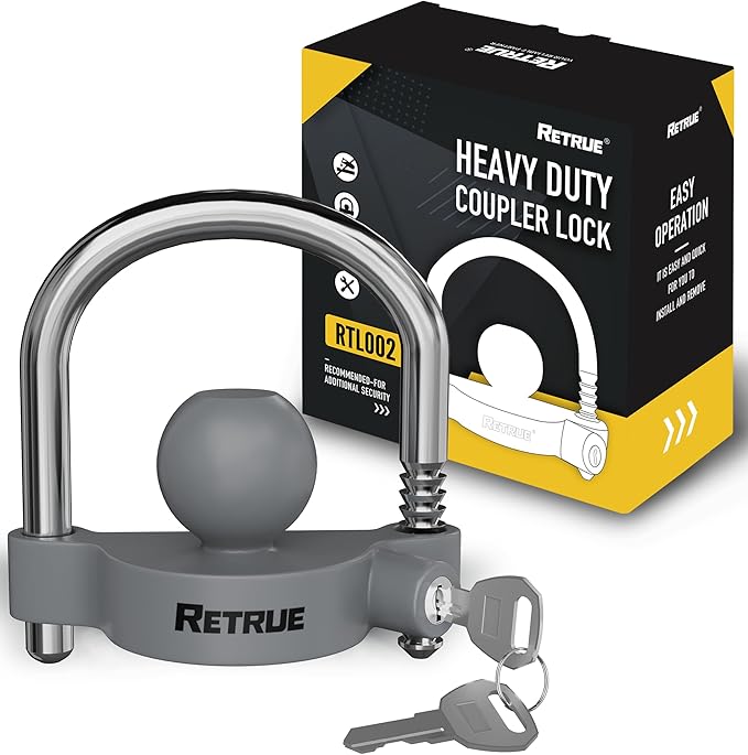 RETRUE Universal Coupler Lock Trailer Locks Ball Hitch Trailer Hitch Lock Adjustable Security Heavy-Duty Steel Fits 1-7/8 Inch, 2 Inch, 2-5/16 Inch Couplers, Grey
