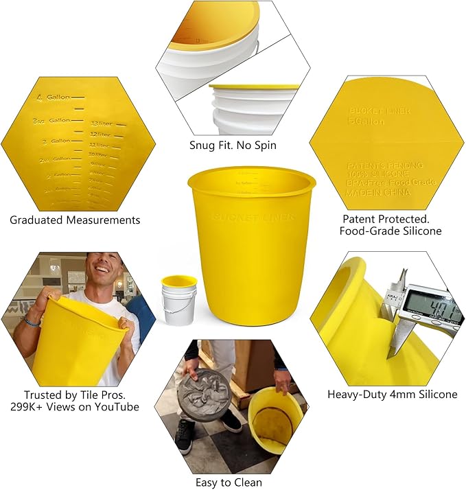 5 Gallon Bucket Silicone Liner Reusable for Thinset Paint Epoxy Concrete Mixing Bucket Saver with Graduated Measurements, Heavy Duty Yellow