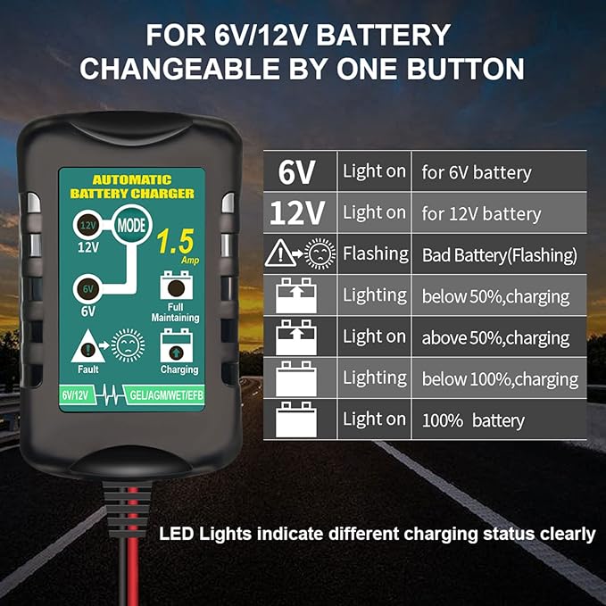 Vemote Trickle Battery Charger Maintainer, 12V / 6V Automatic Smart Battery Charger for Automotive Car Motorcycle Lawn Mower Marine Boat RV ATVs Sealed Lead Acid Battery