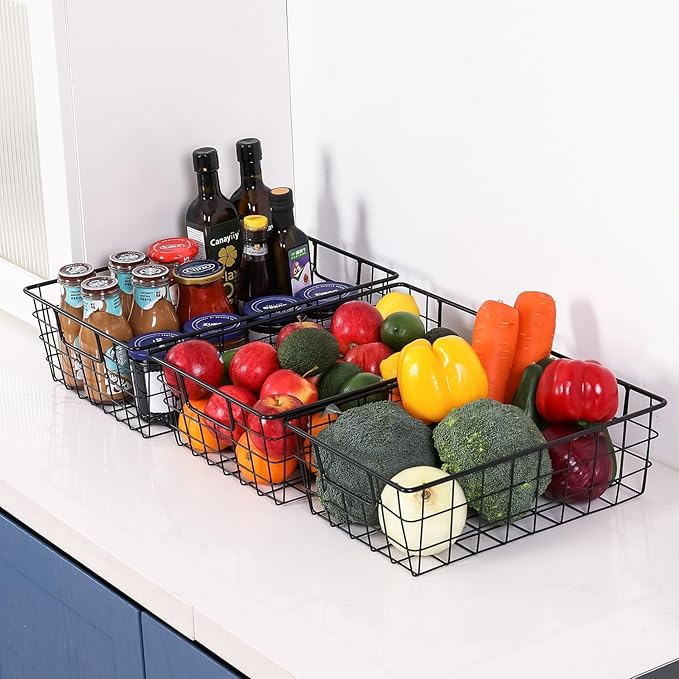 Wetheny 3 Pack Extra Large Wire Basket with Metal Handles, Metal Basket for organizers and storage, Wire Storage Baskets for Pantry, Cabinet, Fridge, Kitchen, Wardrobe, Garage, Bathroom, Black