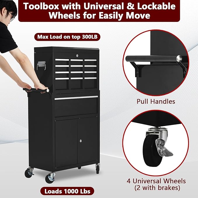 5-Drawer Rolling Tool Chest, 2-in-1 Detachable Top Tool Cabinet with Removable High Capacity Storage, Sliding Drawers, Wheels, Locking System & Liners for Workshop, Mechanics, Garage and Warehouse Use