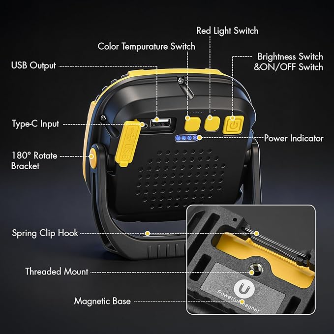 2 Pack 6000mAh Rechargeable Work Light, 4000LM Magnetic Light with Hook, IP65 Waterproof, 30H Runtime, Portable LED Work Light for Car Repair, Job Site Lighting, Emergency(Yellow)