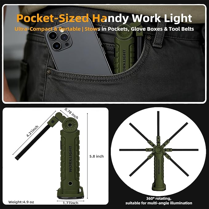 LED Work Light Rechargeable Flashlight, Tool Gifts for Fathers Day Dad Hubby Men Him Husband Mechanic Torch Grill Light Inspection Lamp Magnetic Base 5 Modes 360° Rotate Car Emergency Repair Green