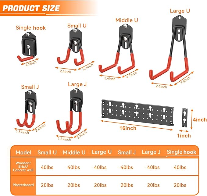 TORACK 24 PCS Garage Storage Hooks with Tracks, Wall Mount Tool Organizer for Garden Tools, Ladders, Cords, Folding Chairs, Shovels and Rakes, Shelving Hooks for Keyhole Style Shelving Units