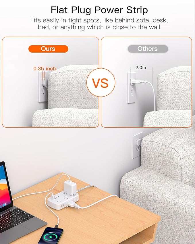 Flat Extension Cord, BESHON 5FT Flat Plug Power Strip with USB C, 6 Outlets 4 USB Port(2 USB C), No Surge Protector, Cruise Ship, Dorm Room Travel Essentials
