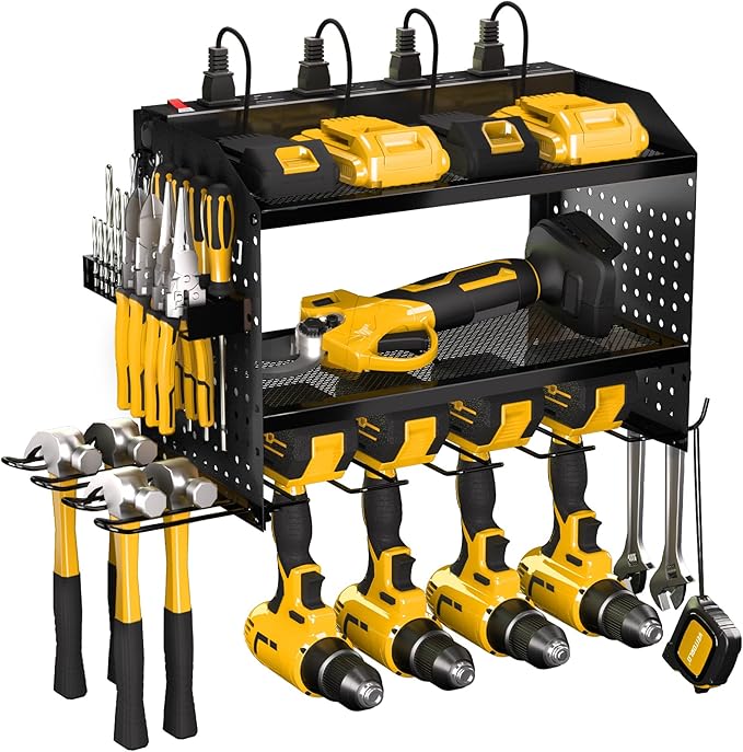 Power Tool Organizer with Charging Station, Heavy Duty Modular Wall Mount Rack for Garage & Shed Organization, 4 Drill Holders, Fathers Day Anniversary Birthday Gifts for Men Dad Him Husband(Black)