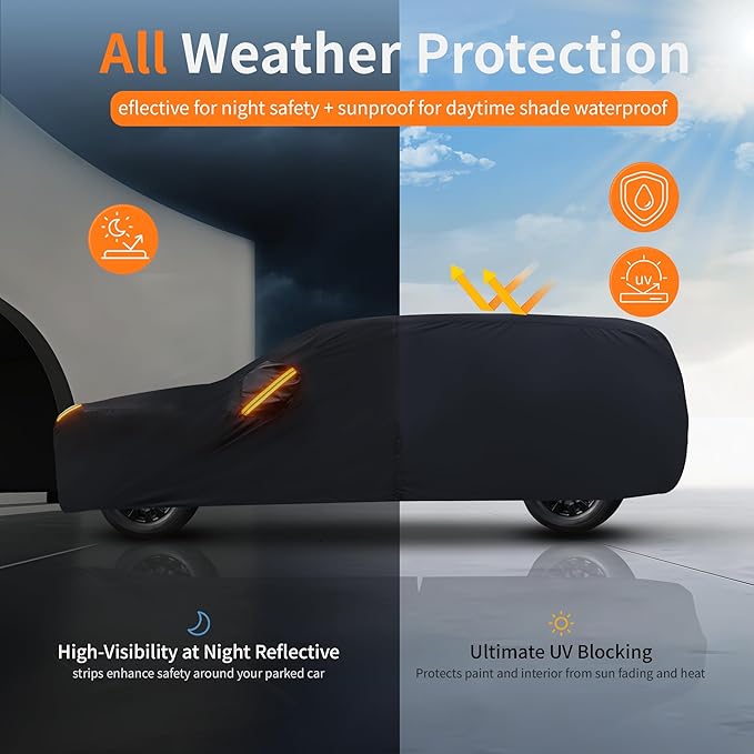 Waterproof Car Cover All-Weather, Heavy-Duty Outdoor Full Exterior Automobiles Snow Cover for SUV 182-190 inch with Sun Visor,Zippered & Storage Bag - Black