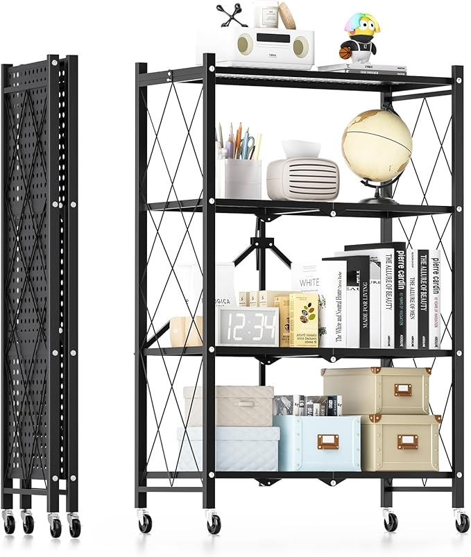 Simple Deluxe 4-Tier Folding Storage Shelves, 27.95" W x 14.96" D x 49.61" H Foldable Shelving Unit, 1000 Lbs Loading Capacity, Black