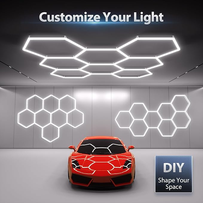Hexagon Garage Lights: 245W 35 Pack 8 Grids LED Garage Lights - Easy Install 6500K Super Bright Honeycomb Light for Warehouse, Car Detailing Shop, Exhibition Hall, Gym