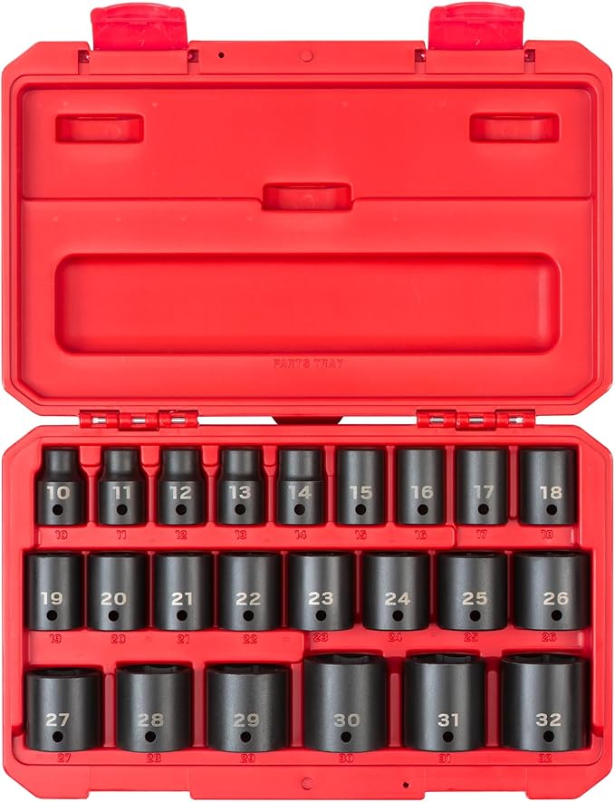 TEKTON 1/2 Inch Drive Shallow 6-Point Impact Socket Set with Case, 23-Piece (10-32 mm) | SID92322