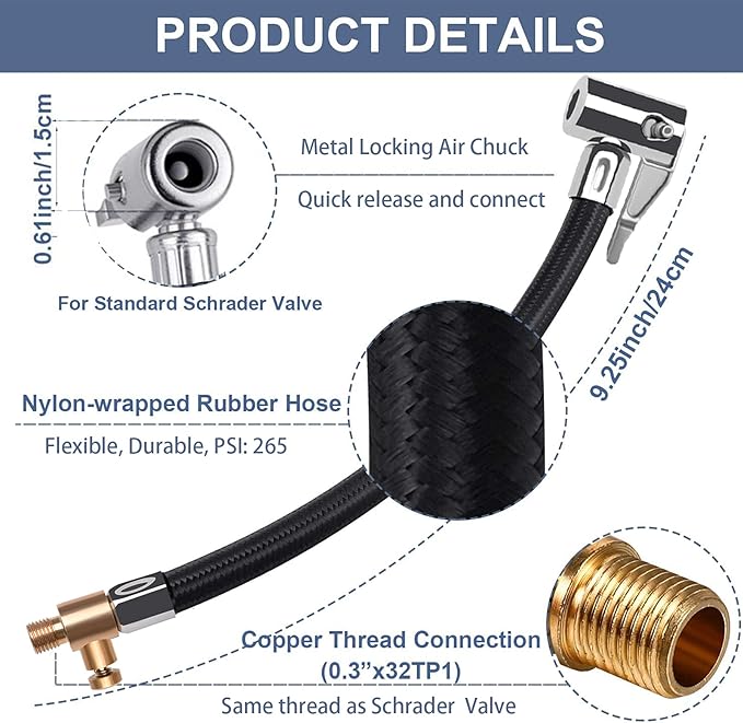 Flexible Tire Valve Extension Adapter, Locking Air Chuck Quick Connect and Release, Pressure Adjustable Tire Inflator Pump Hose Adapter for Car Motorcycle Bike,1PC