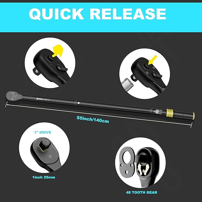 1-Inch Drive Click Torque Wrench, 200-1200 Ft-Lb/271-1626 Nm with Dual-Direction, 48-Tooth, Dual Range Scales, Quick Release Reversible Head Torque Wrench for Car, Truck, Tractor