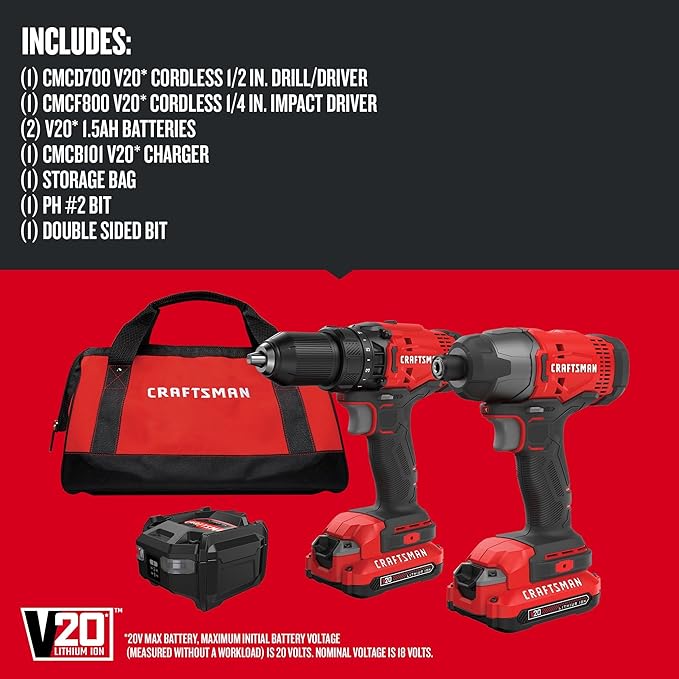 CRAFTSMAN V20 MAX Cordless Drill Driver and Impact Driver Set, Power Tool Set with 2 Batteries and Charger, LED Work Light, 2 Bits, Bag (CMCK200C2)