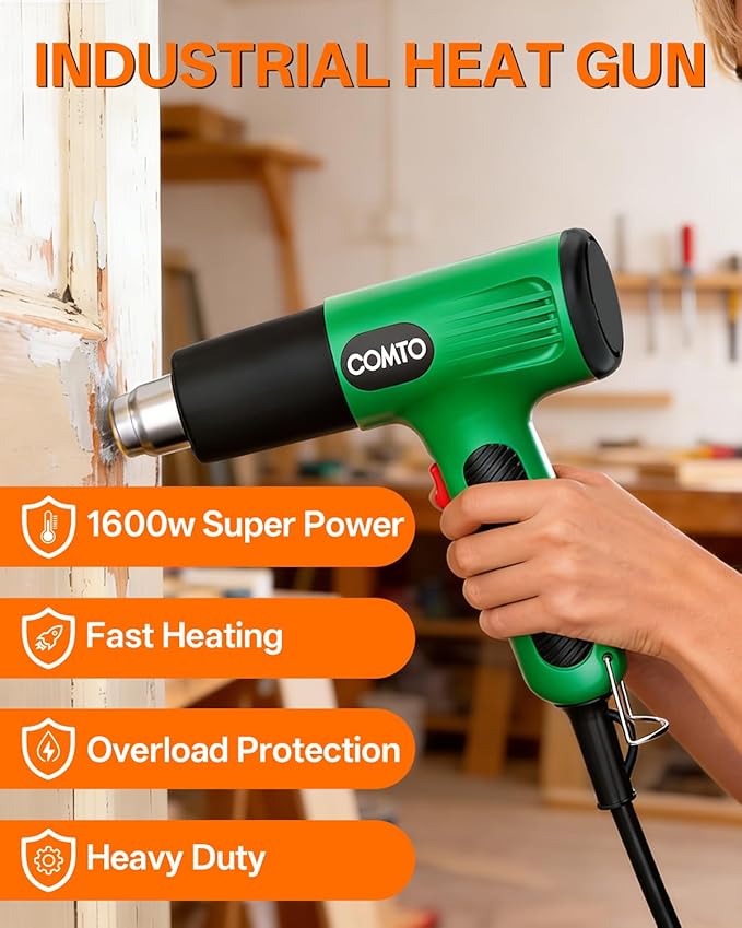 1600W Heat Gun, Hot Air Gun with 2 Temp Settings, 4 Nozzles, Overheat Protection, for Shrink Tubing, Shrink Wrap, Crafting, Resin, and DIY Projects - Green