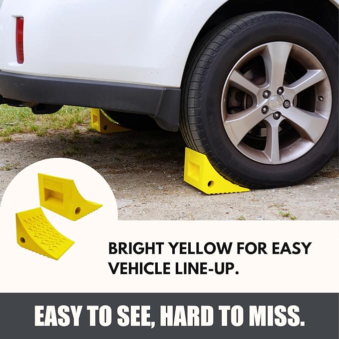 SECURITYMAN Heavy Duty Wheel Chocks (2 Pack) - Durable, Non-Slip, Solid Rubber Wheel Chocks for Boat Trailers, RV, Truck, Camper - Grip on All Surfaces - Trailer Wheel Chocks - Yellow