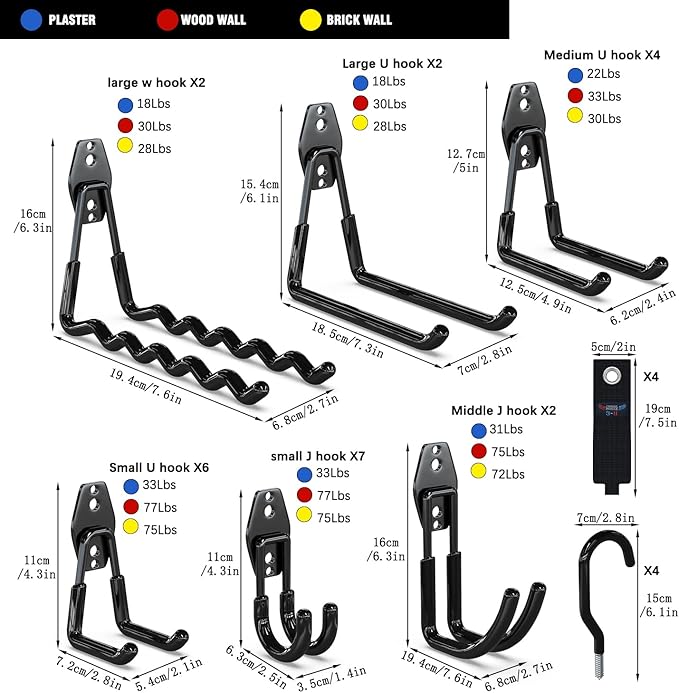 3-H Garage Wall Hooks Heavy Duty 31 Pack, Anti-Slip Steel Wall Mount Storage Hooks for Hanging Ladder Garden Yard Tools, Utility Organizer for Garage Lawn Shed (Black)