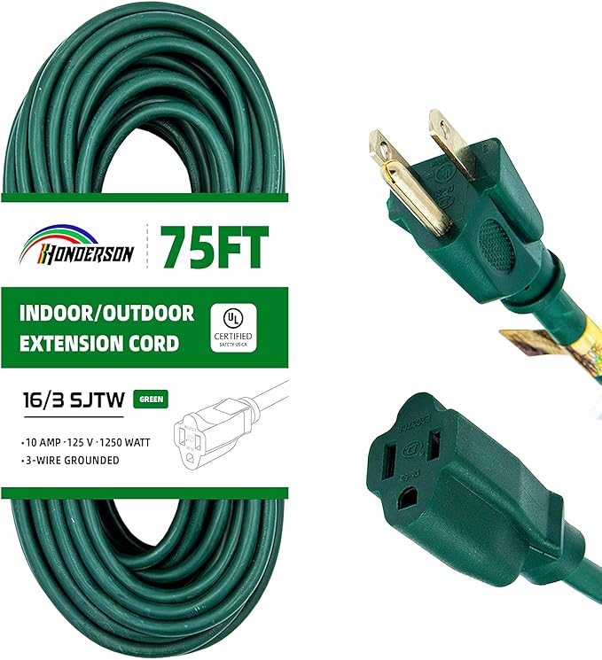 75FT Outdoor Extension Cord-16/3 SJTW Durable Green Extension Cable with 3 Prong Grounded Plug for Safety,Great for Outside Christmas Decorations
