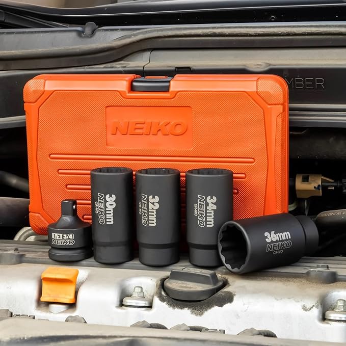 NEIKO 02530A 5 Piece 12 Point Socket Set 1/2” Drive, Lug Nut Remover, Spindle Nut Socket, Axle Nut Socket Set, Metric 30mm - 36mm Socket 1/2 Drive Impact Set, Cr-Mo Impact Adapter, 3/4" - 1/2” Reducer
