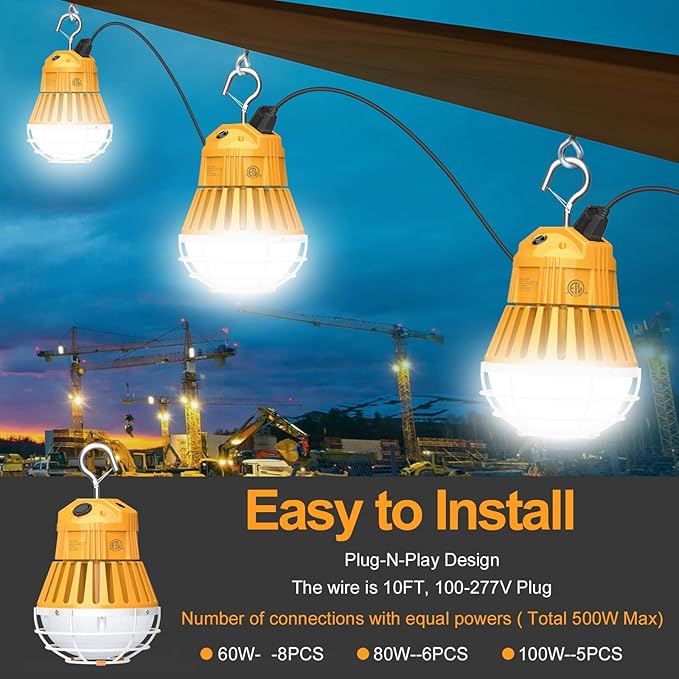 60W/48W/36W Construction LED Work Light 7800LM 5000K Daylight Linkable Portable Jobsite Light for Garage Bench Shop, Hanging Large Area Work Light Input 100~277VAC, Plug in Temp