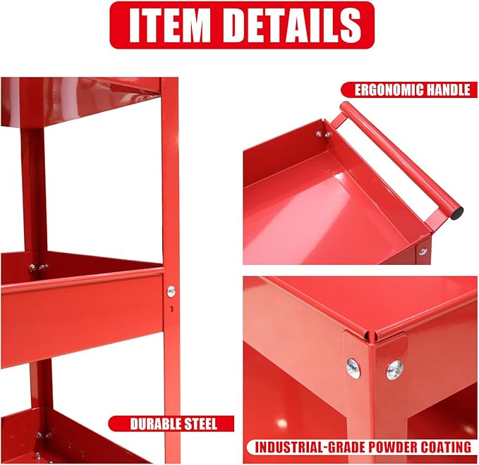 BIG RED Steel Rolling Service Tool Cart with 3 Tires , Heavy Duty Utility Cart on Wheels with Two Brake for Office，Kitchen，warehouse,400 lbs Capacity,Red