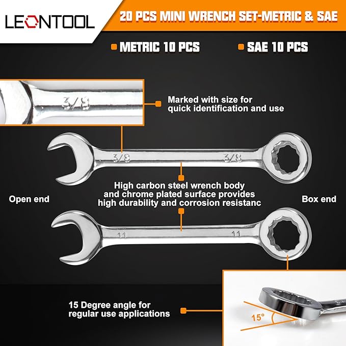 Mini Wrench Set Metric and SAE 20 Pcs Ignition Wrenches 4-11mm & 5/32" to 7/16" Open End Box End Wrench Set with Key Ring, Combination Wrench Sets with Zipper Bag