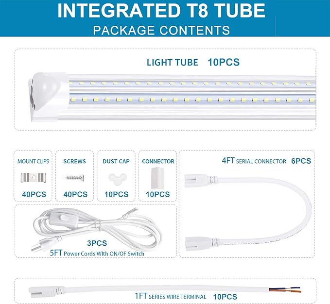 8FT Linkable LED Shop Light – 100W 12000LM, 6000K Cold Light, T8 Integrated LED Tube Fixture, V-Shaped, High Output for Garage/Warehouse, Plug and Play (10-Pack)