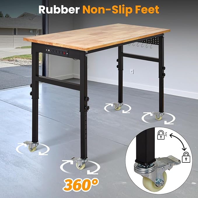 48" Adjustable Workbench with Power Outlet, 8-Levels Height Adjustable Work Table, Rubber Wood Heavy Duty Workbenches with Wheels & Pegboard for Garage Office Workshop Home Commercial