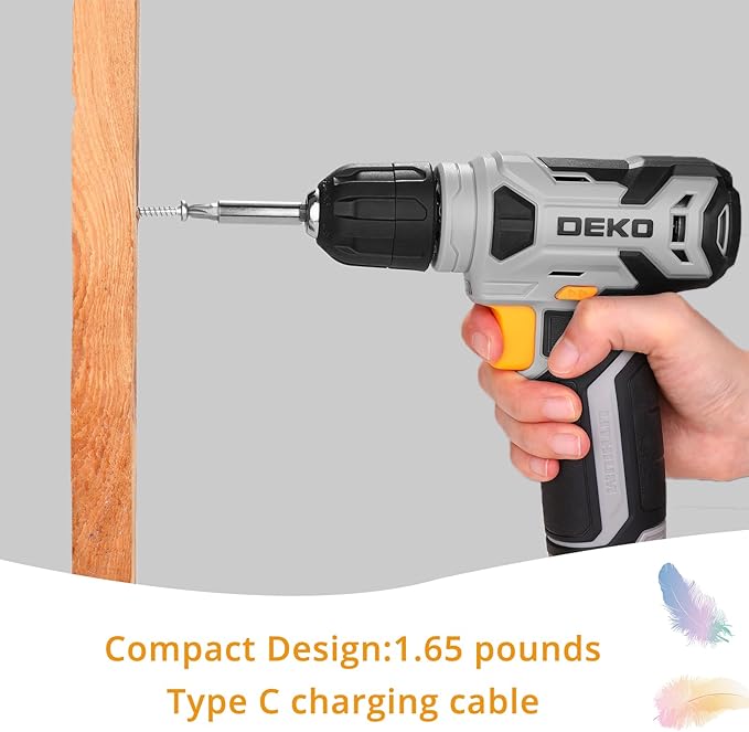 DEKOPRO 8V Cordless Drill, Drill Set with 3/8"Keyless Chuck, 42pcs Acessories, Built-in LED, Type-C Charge Cable, Gray Power Drill for Drilling and Tightening/Loosening Screws