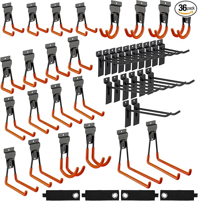Landhoow 36 Pcs Slatwall Hooks & Hangers 32 Pcs Heavy Duty Slat Wall Hanging Hooks with 4 Pcs Storage Straps Assortment Slatwall Accessories for Storage Garage Wall Organization Garden Home(Orange)