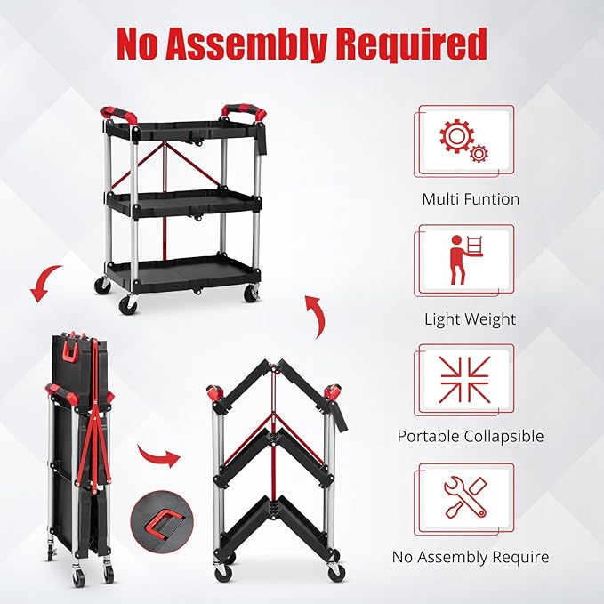PioneerWorks Folding Utility Service Cart, Collapsible Cart with Wheels, 3 Tier Rolling Utility Cart, Folding Cart with Wheels Collapsible, Service Cart for Tool, Grocery, Bar, Garage, Kitchen, Office