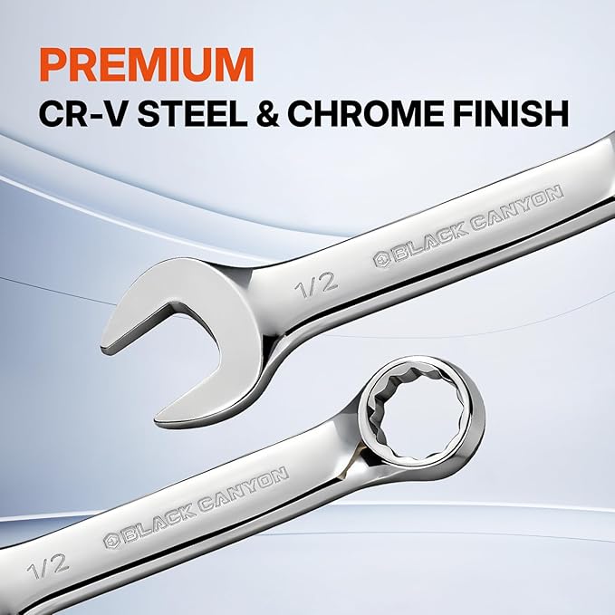 BLACK CANYON 14-Piece Metric Stubby Combination Wrench Set with Roll-Up Pouch - Cr-V Steel Chrome Finish for Tight Spaces