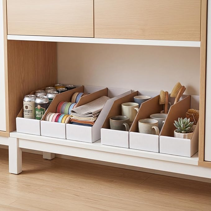 EXYGLO Cardboard Storage Bins 50 Pack, 12x4x4.5 Inch Cardboard Boxes, Corrugated Organizer Bins for Pantry, Shelves, Garage, Office, Shop, White