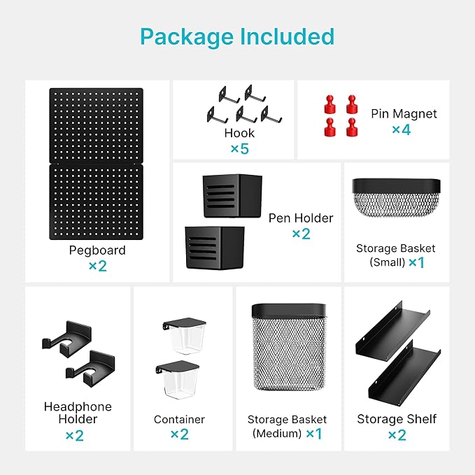 PEGZONE Pegboard Wall Organizer Combination Kit,Overall 33.1"x20.5" Metal Office Pegboard with 19 Accessories, Wall Mounted Peg board Display Panels for Home, Gaming Room, Garage (2Pcs,Black)