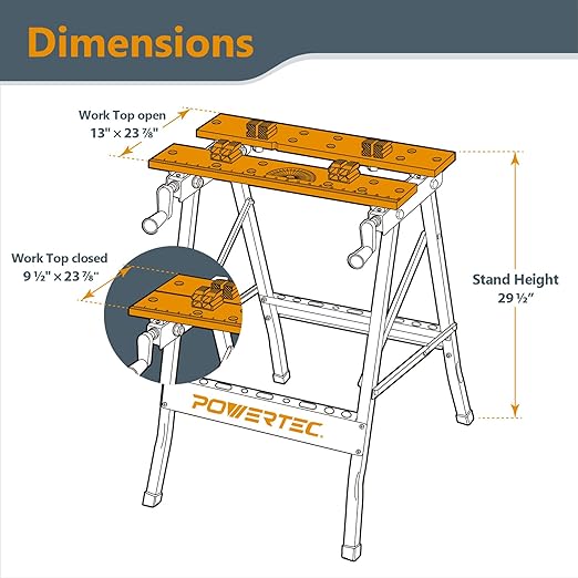 POWERTEC MT4006C Portable Workbench w/Bench Dogs & Clamps | Folding Sawhorse Worktable w/4 Bench Dogs & 2 Quick Release Bench Dog Clamps, Imprinted Ruler and Protractor Scale for Woodworking Projects