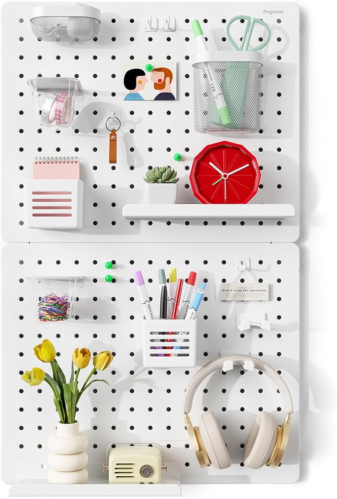 PEGZONE Pegboard Wall Organizer Combination Kit,Overall 33.1"x20.5" Metal Office Pegboard with 19 Accessories, Wall Mounted Peg board Display Panels for Home, Gaming Room, Garage (2Pcs,White)