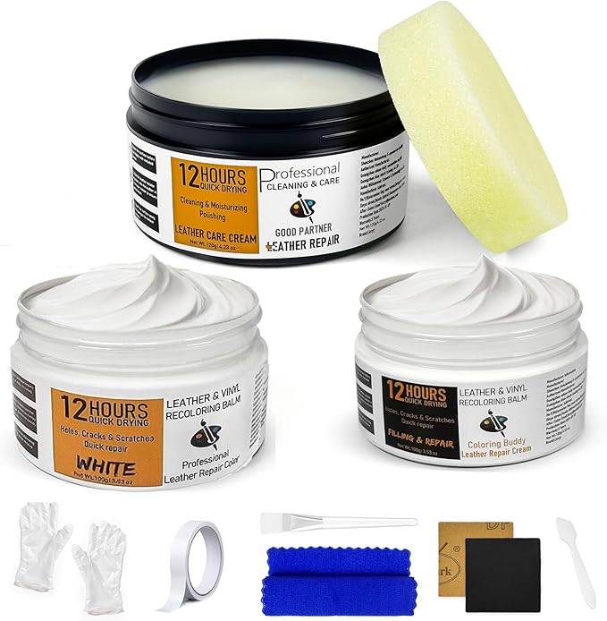 12H Quick-Dry Leather Repair Kit with 3.53Oz White Leather Recoloring Balm, Filler & 4.23Oz Care Cream, 3-in-1 Vinyl Repair Set for Sofa, Car Seats, Jackets, Purses, Shoes, Faux Leather and More