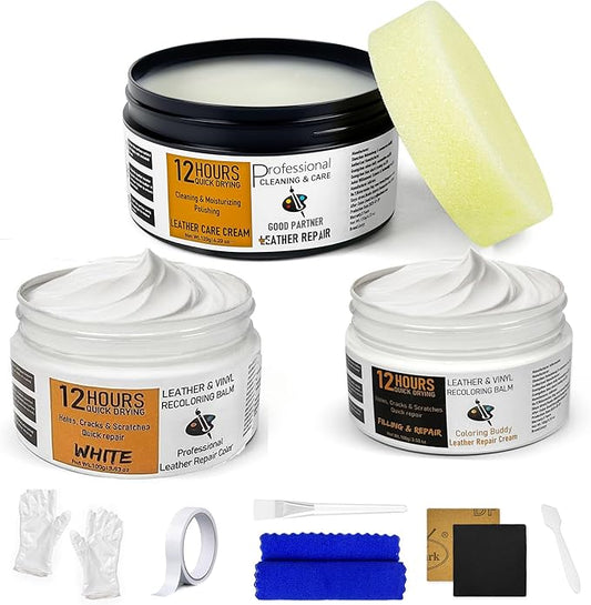 12H Quick-Dry Leather Repair Kit with 3.53Oz White Leather Recoloring Balm, Filler & 4.23Oz Care Cream, 3-in-1 Vinyl Repair Set for Sofa, Car Seats, Jackets, Purses, Shoes, Faux Leather and More