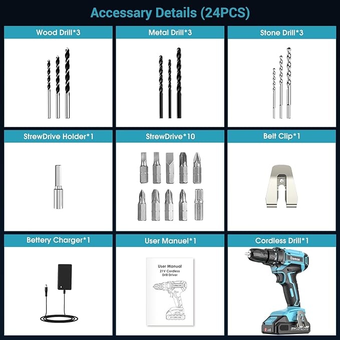 21V Power Drill Cordless, Bamse Electric Drill Set with 2.0Ah Battery Charger, 3/8”Keyless Chuck, 2 Variable Speed, 18+1 Torque, 20pcs Driver Bits and Belt Hook for DIY Projects, Blue