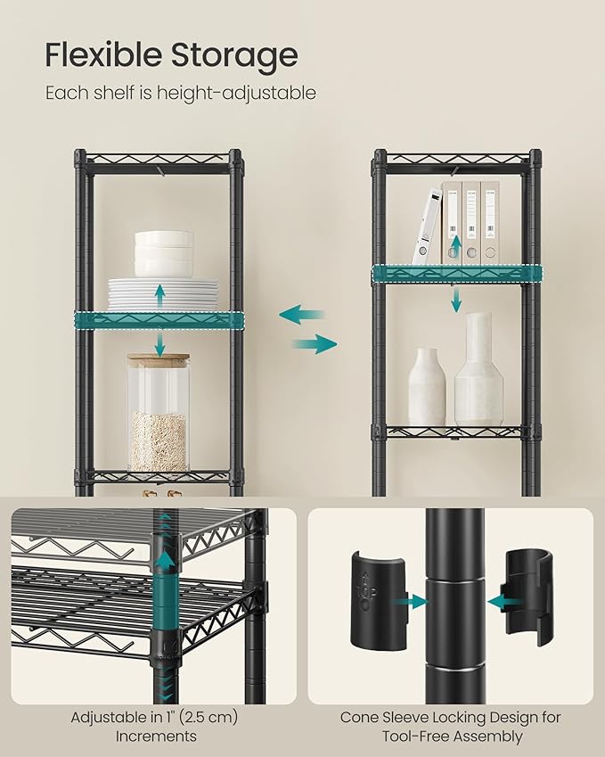 SONGMICS Storage Shelf, Small Metal Wire Shelving Unit, Adjustable Shelves, for Small Spaces, Garage, Bedroom, Living Room, Kitchen, Pantry, 5 Tier, 11.8 x 11.8 x 47.6 Inches, Ink Black ULGR123BH01