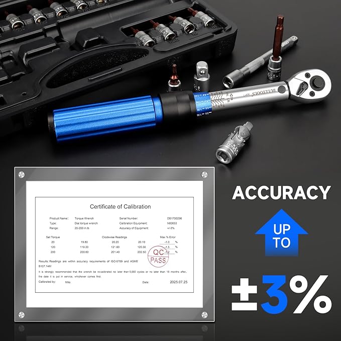 BULLTOOLS ‌1/4 Inch Drive Click Torque Wrench Set, 20-200 in.lb / 2.26-22.6 Nm Inch Pound Torque Wrench 90-Tooth Bike Torque Wrench Set with ±3% Accuracy for Bicycle and MTB Repair