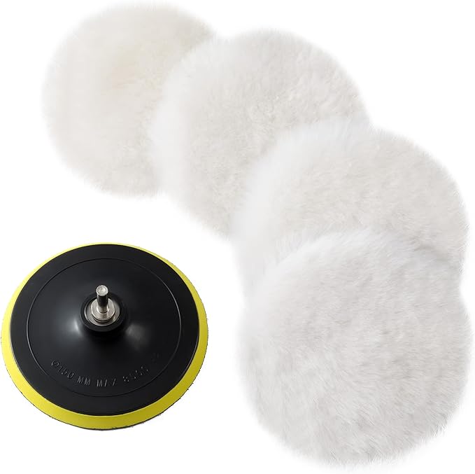 S SATC Wool Polishing Buffing Pad Car Buffer Polisher Pads Kit with 4PCS 6 Inch Buffing Pad M14 Drill Adapter and Hook and Loop Back, Drill Polisher Attachment for Car Polishing, Waxing