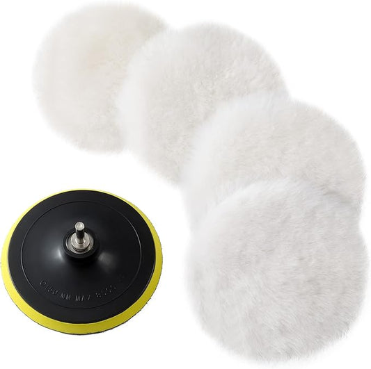 S SATC Wool Polishing Buffing Pad Car Buffer Polisher Pads Kit with 4PCS 6 Inch Buffing Pad M14 Drill Adapter and Hook and Loop Back, Drill Polisher Attachment for Car Polishing, Waxing