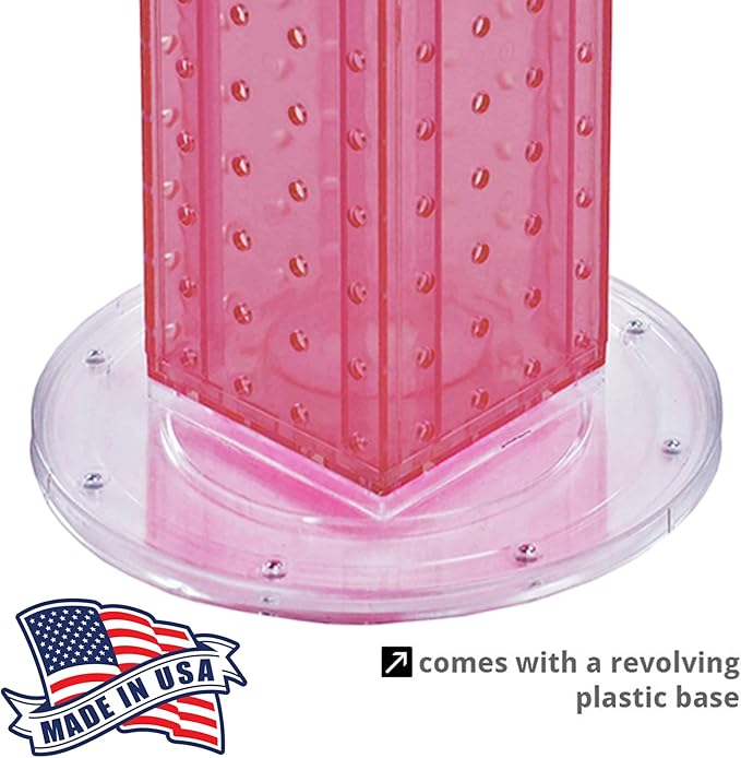 Azar Displays 700220-PNK-2C16 Four-Sided 4”W x 12” Revolving Pegboard Tower Kit Counter Display with 16-Pack of 2 inch Locking Hooks, Pink