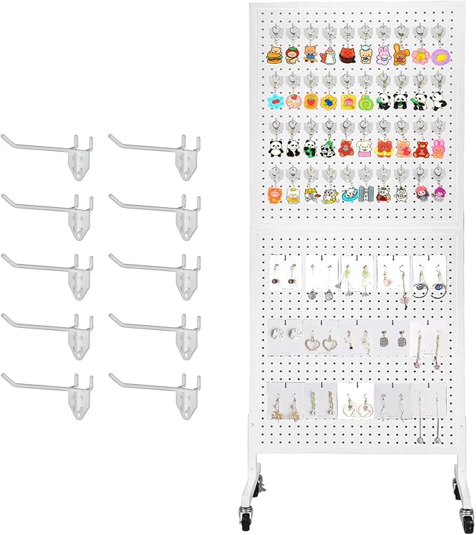 NectaCol 2'x 5' Standing Pegboard Display with T-Base, Pegboard Display Stand with Wheels, Metal Peg Board Display Rack, Art Display Stand, Extra 10 Pieces Hooks - White