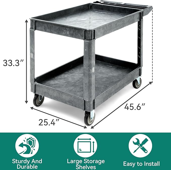 YITAHOME 2 Tier Heavy Duty Plastic Utility Cart 45 x 25 Inch, Rolling Work Cart w/Deep Shelves & 360° Swivel Wheels(2 Brake), Plastic Tool Cart Suitable for Warehouse, Garage, Office, Cleaning, Gray
