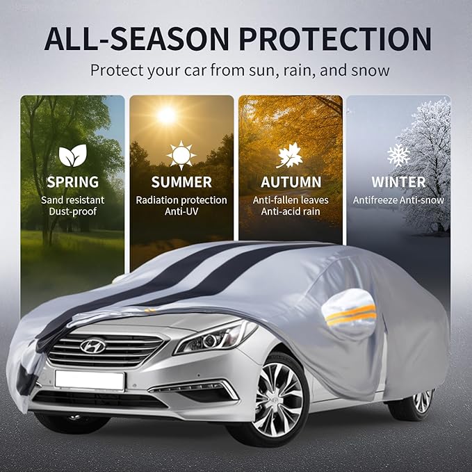 Multi-Layer Car Cover Custom Fit for Hyundai Sonata(2004-2026), 100% Waterproof All Weather for Automobiles, Gift with Towel, Heavy Duty Car Covers for Rain Sun UV Protection with Door Zipper